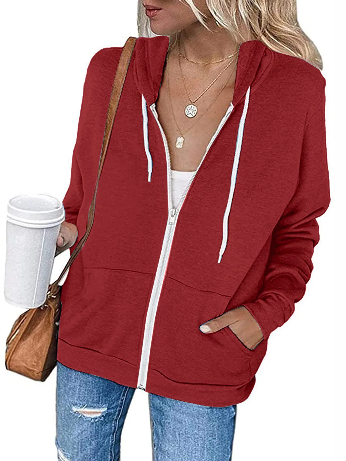 Women's Thickened Long Sleeve Hoodie with Pockets Drawstring Autumn Winter Pure Color Zipper Closure Casual Comfortable Sweat...
