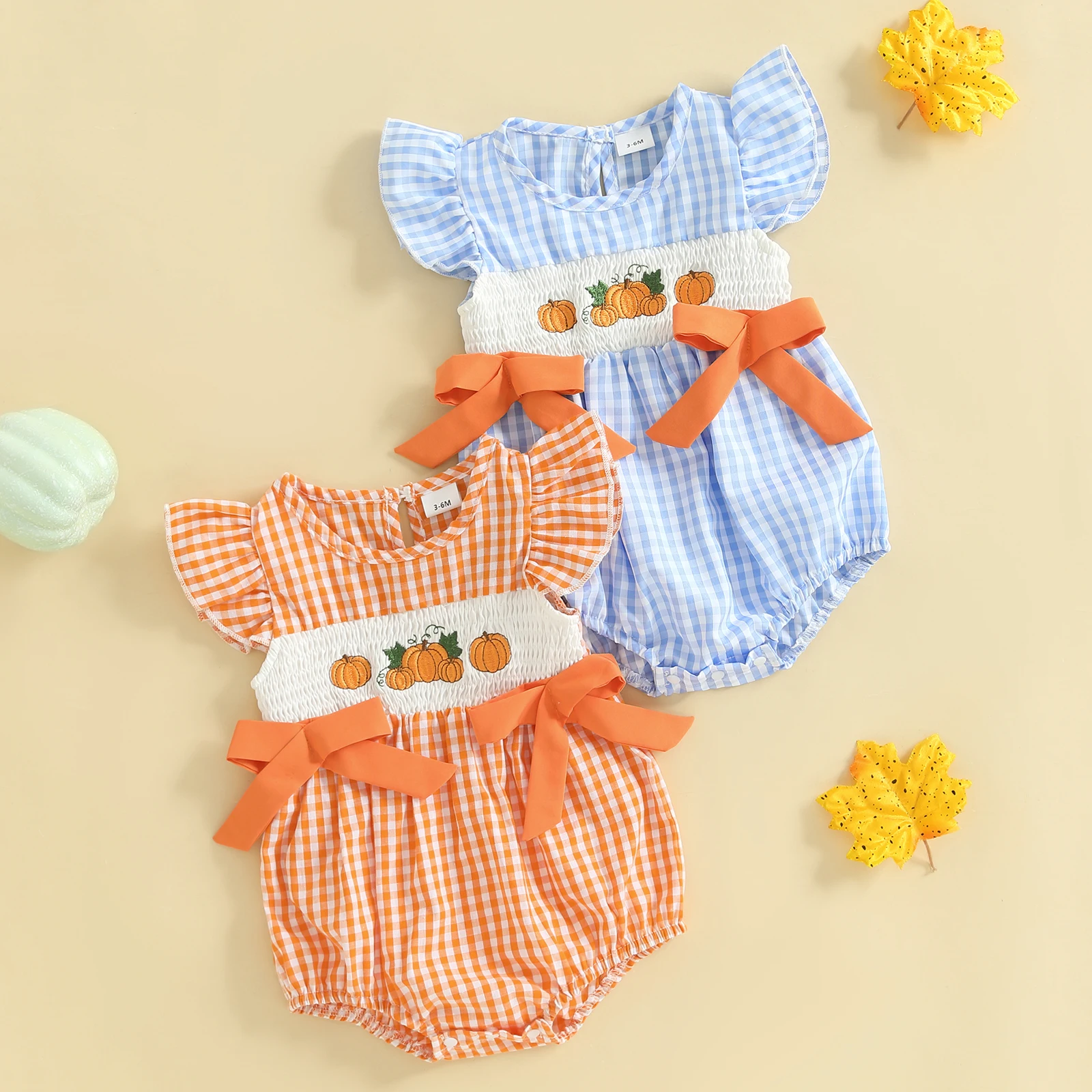 

SUNSIOM 0-18 Months Baby Girl Halloween Romper Pumpkin Embroidered Plaid Bows Crew Neck Flying Sleeve Jumpsuit for Fall