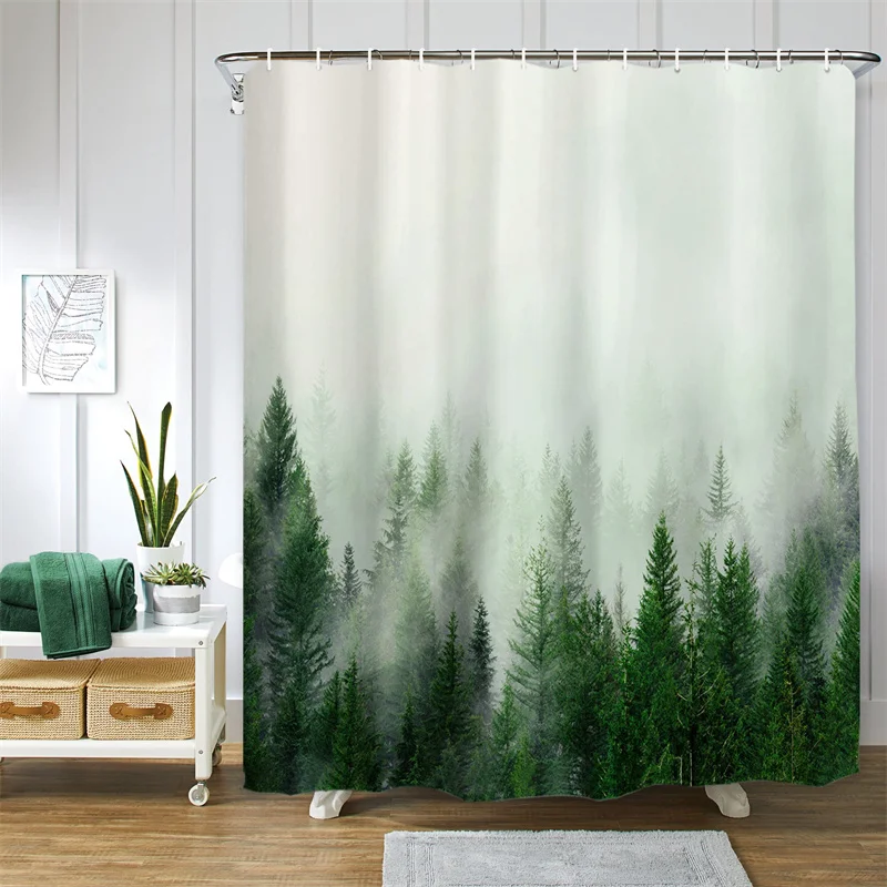 Forest Green Shower Curtain with Hooks, Extra Long, Mold and Mildew Resistant, Bath  Liner, Tree Print