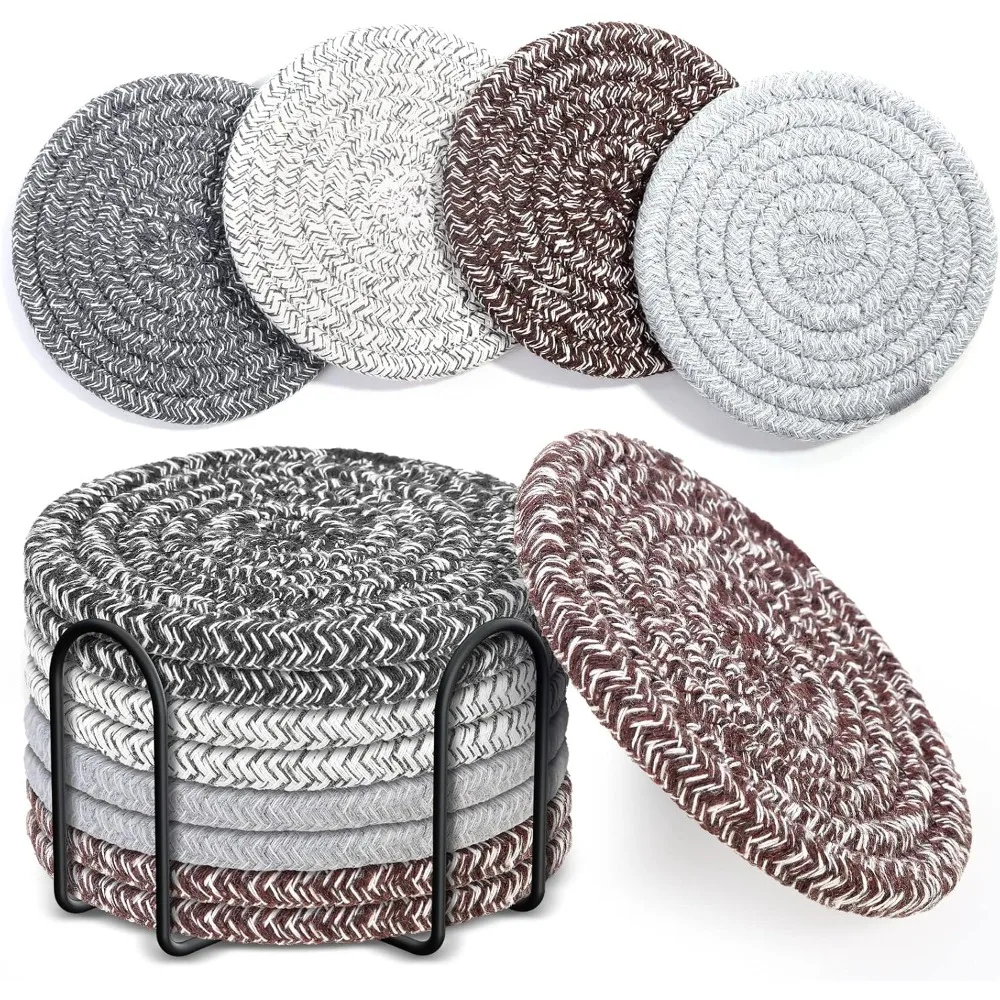 

8 Pcs Coasters For Drink With Holder, 4 Colors Absorbent Coasters For Drinks, Minimalist Cotton Woven Coaster Set For Ho