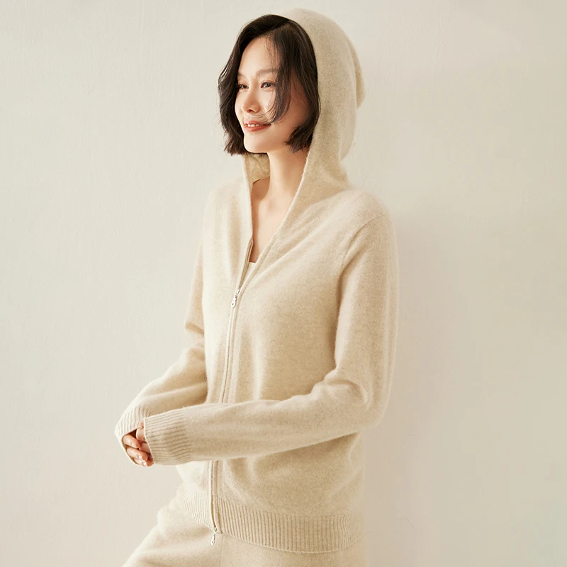 FRSEUCAG Novo 100% caxemira de malha cardigan feminino suéter com capuz moda jaqueta de manga comprida suéter de caxemira feminino