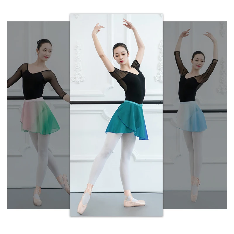 Women Elegant Dance Skirts Chiffon Gradient Irregular Tutu Skirt Translucent Short Skirts Ballerina Gymnastics Ballet Wear