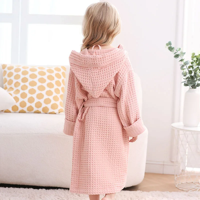 Kids 100% Cotton Nightgown Girl Autumn Winter New Waffle Kimono Robe Women Bathrobe Sleepwear Soft Water Uptake Hooded Robe