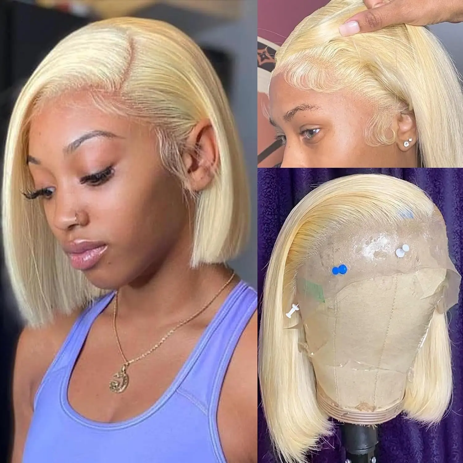 

613 Bob Wig Human Hair 13x4 Blonde Lace Front Bob Wigs for Black Women 14 Inch Pre Plucked Bleached Knots Transparent Glueless