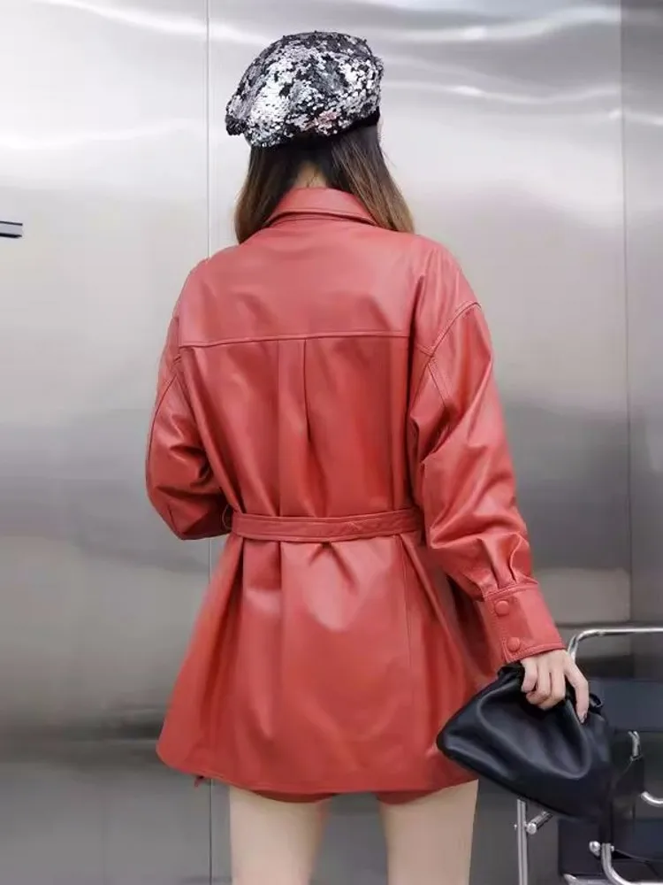 Veste en cuir véritable ceinturée à boutonnage simple pour femme, coupe couvertes mi-longue, manteau coupe-vent de motard, vêtements d'extérieur décontractés pour femme, mode