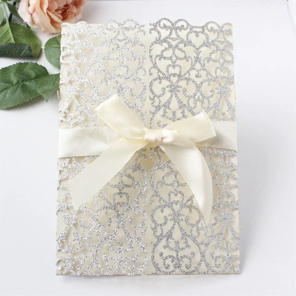 Luxury Invitation Card Wedding Birthday Brial Shower Flowral Laser Cutting Glittery Paper 250gsm Customized Printing