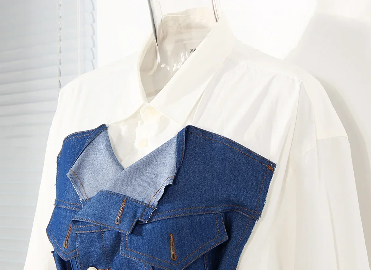 Jupe chemise en jean bleu pour femmes, olympiques blazer blanc avec ceinture, tenue de bureau formelle, vêtements de travail d'affaires, manteau de fille à la mode, robe de Rh