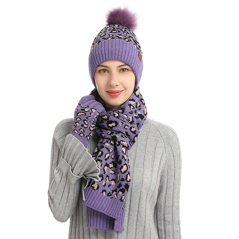 Winter clothes knitted fur glove casual hat and scarf set 2024