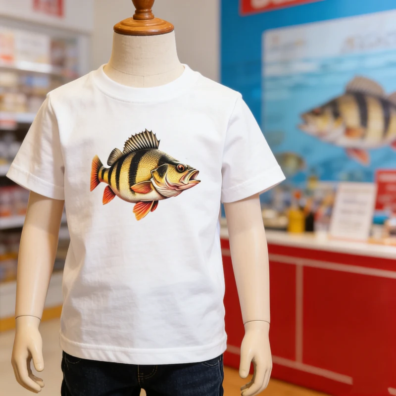 Fish Print White T-shirt for Boys and Girls, Short Sleeved Cute T-shirt, Casual Top