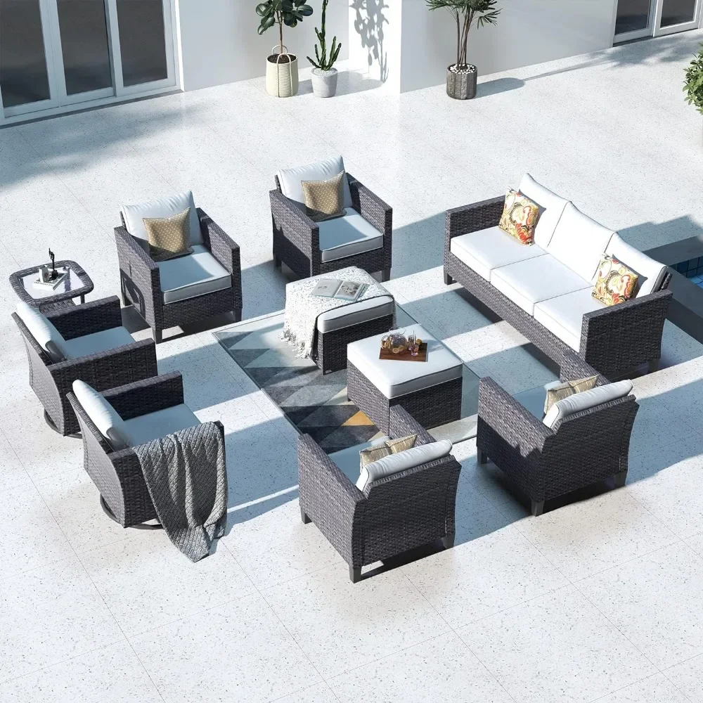 

10 Piece Outdoor Wicker Sofa with Swivel Rocking Chairs and Comfy Cushions, High Back Rattan Couch Conversation Set, Grey