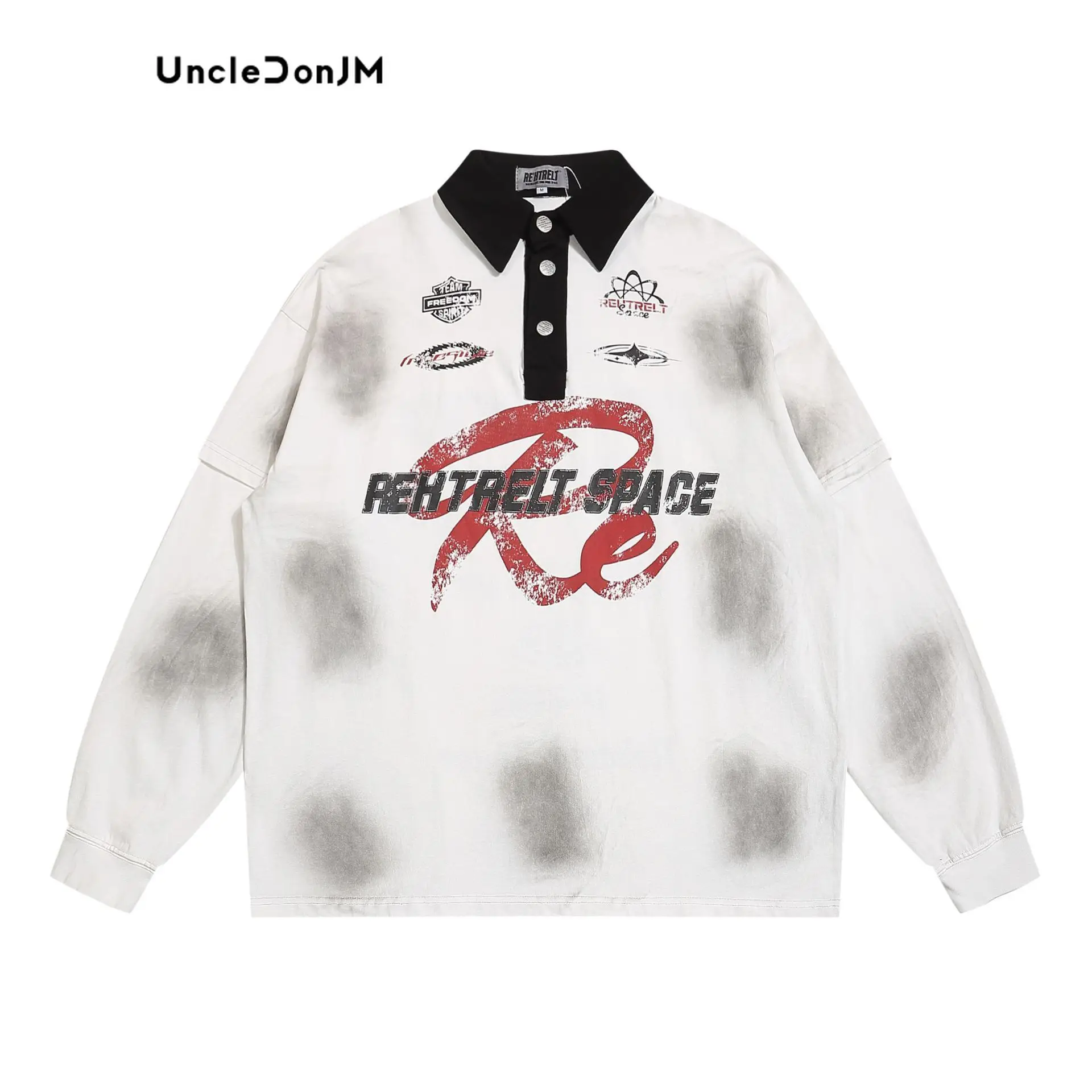 UNCLEDONJM Retro Dirty Dye Print Sports Jersey Sweatshirts Long Sleeve Polo Shirt