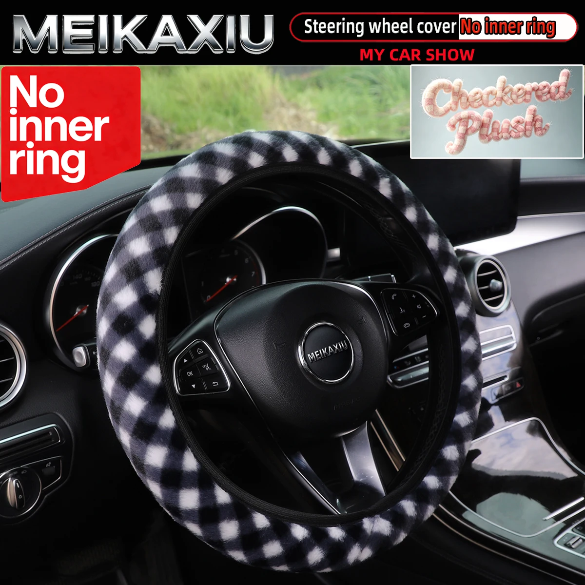Women's Artificial Rabbit Fur Checkered Steering Wheel Cover Car Outer Rim Decorative Accessory 14.5-15 Inches