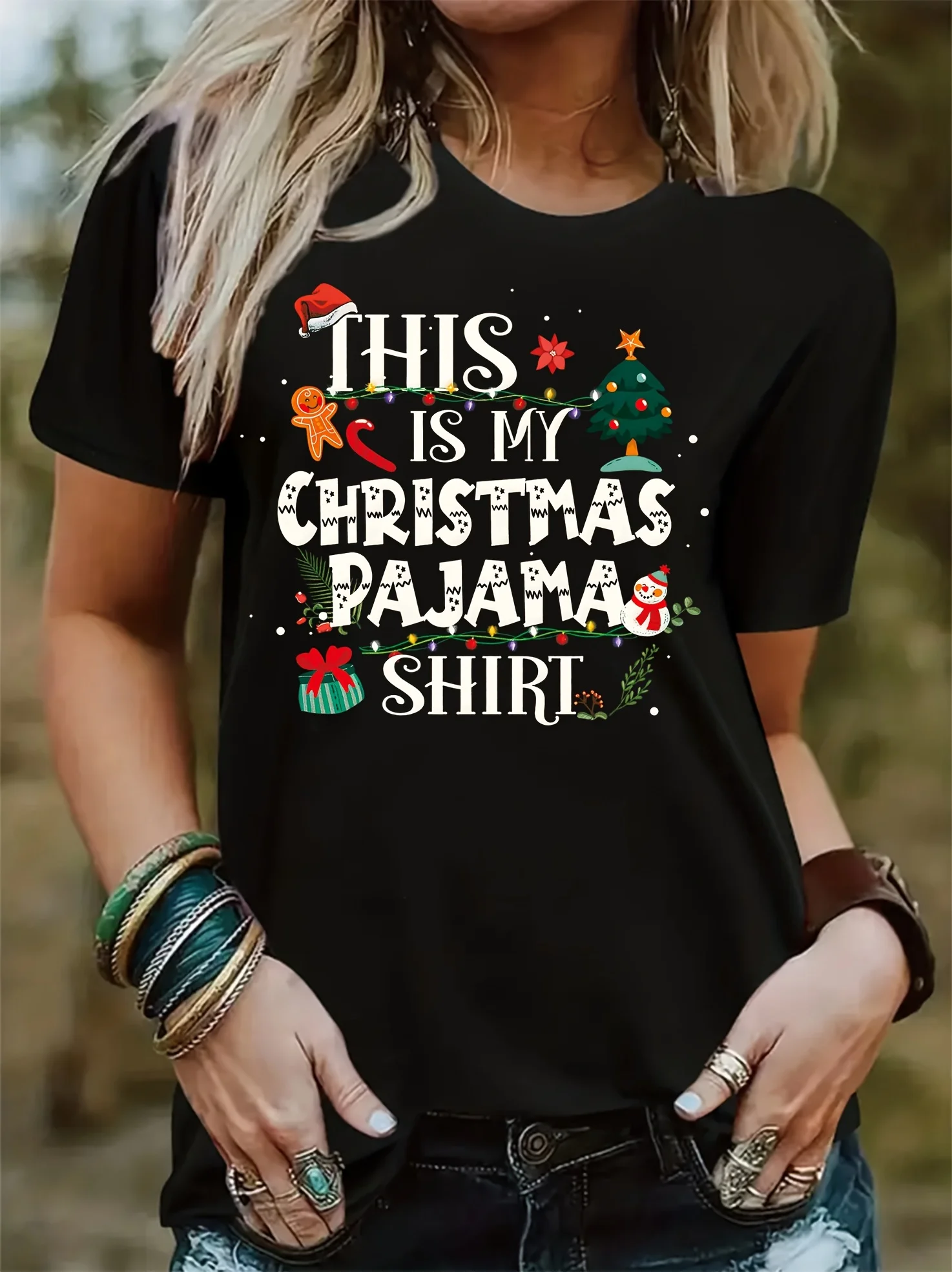 T-Shirt imprimé Gnome de noël pour femmes, col rond, avec Gnome festif, imprimé joyeux noël, t-shirts à manches courtes