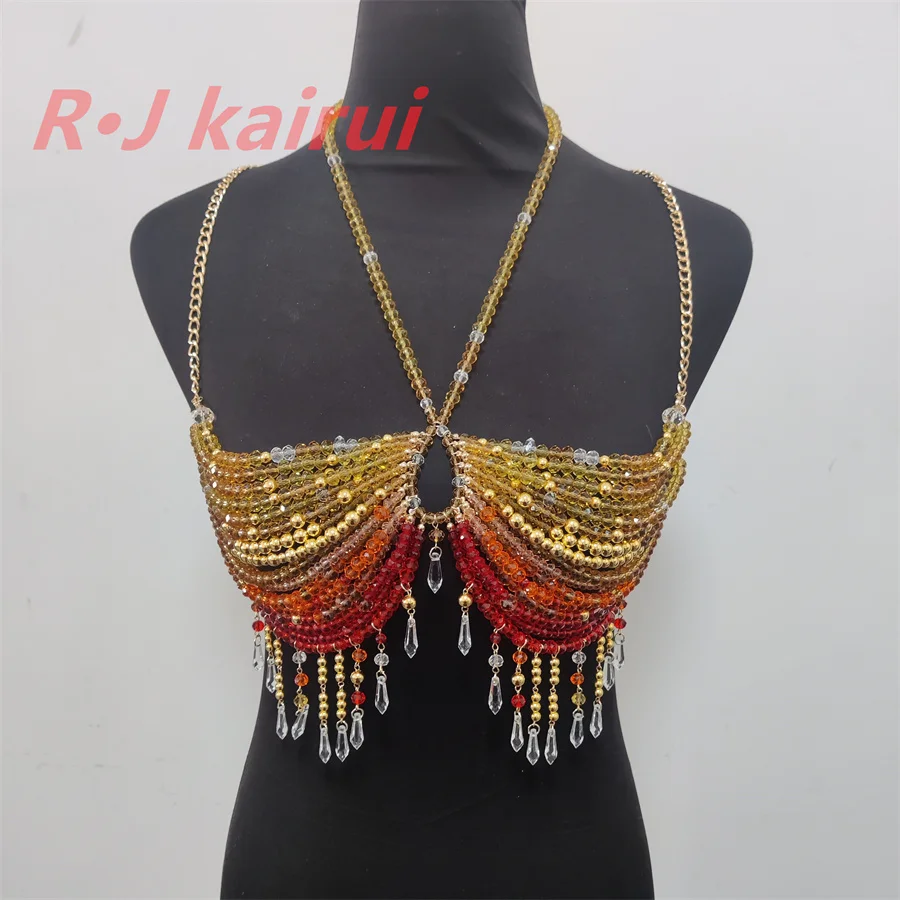 RJ Fashion Sexy Metal Yellow Red Crystal Glass Beads Neck Body Chain Halter Dress Masquerade Stage Party Jewelry Accessories