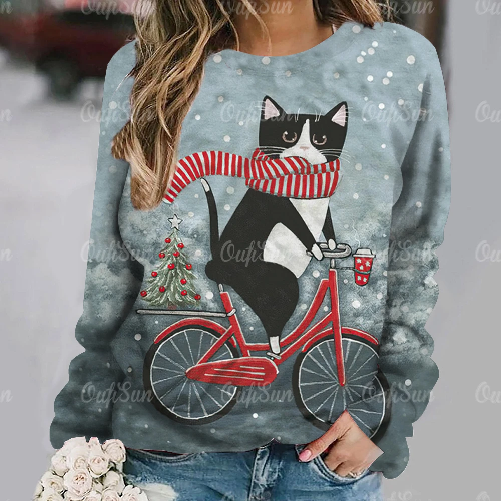 Anime Cat Pattern T Shirt For Women Autumn Round Neck Pullover Casual Long Sleeve Tops Female Oversized Daily Ladies Clothing