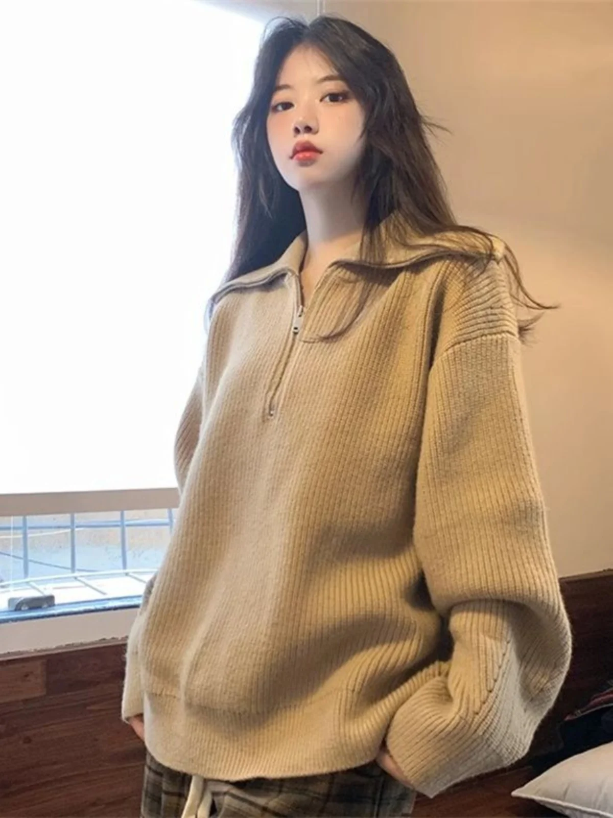 Felpa con cappuccio morbida Sle coreana con zip da donna primavera autunno vintage versatile allentata dimagrante colletto ampio top lavorato a maglia