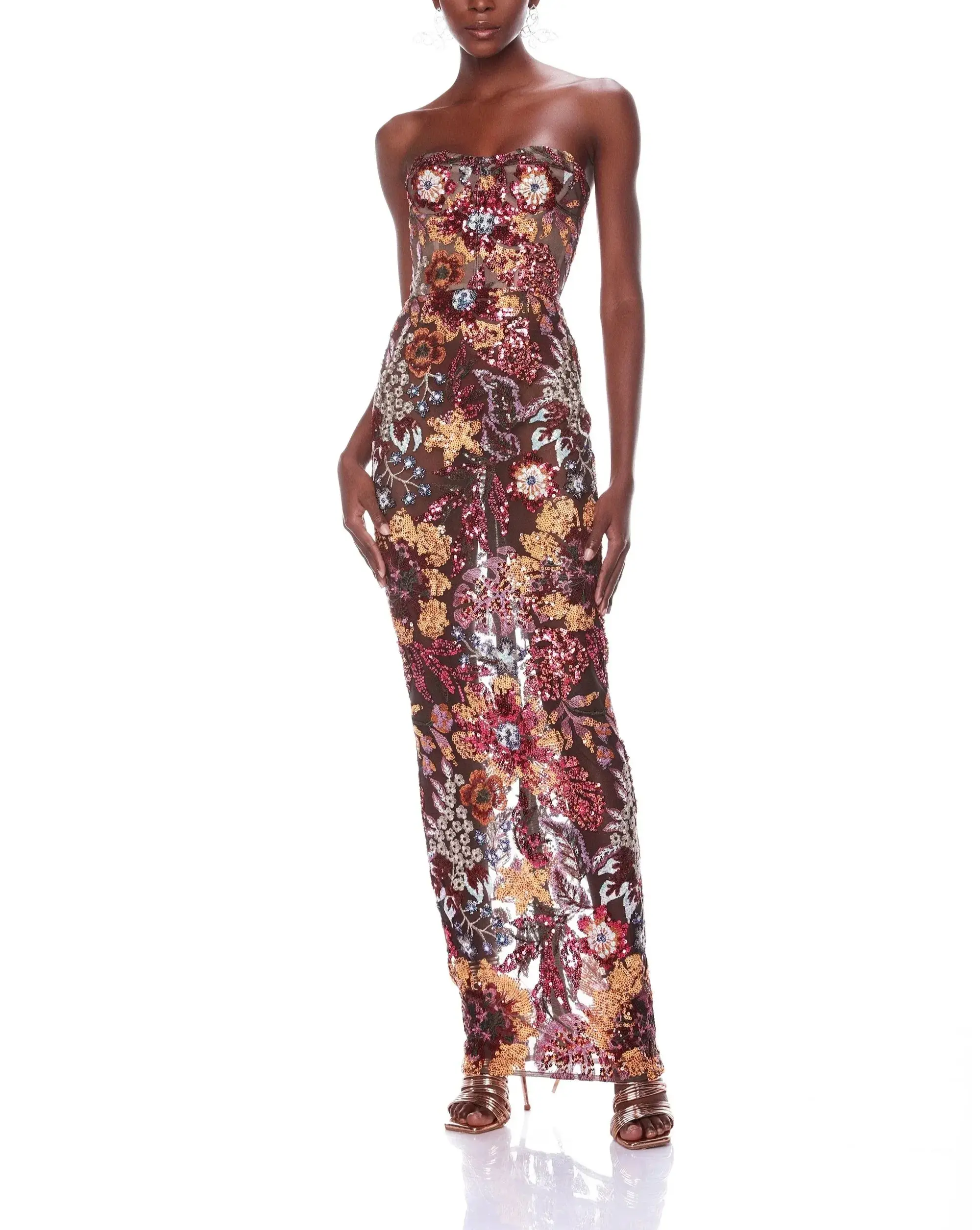Strapless embroidery sequins heavy industry banquet runway red carpet evening gown annual party toasting dress