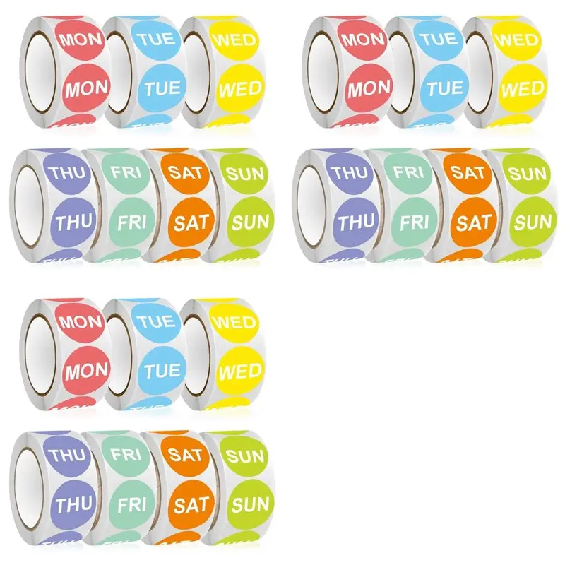 AS94-7 Day Of The Week Sticker,1 Inch Round Day Dot Food Rotation Labels-10500 Pcs Date Stickers(21 Rolls)