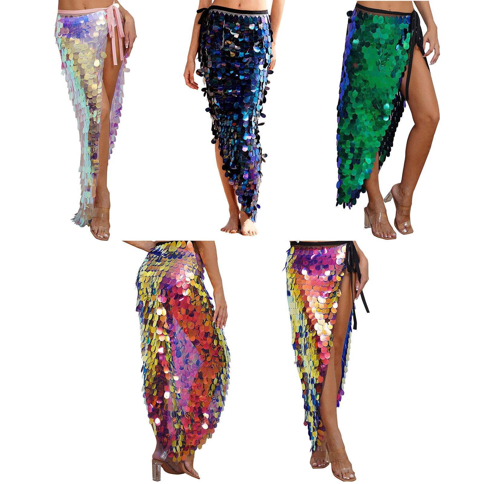 Womens Mermaid Belly Dance Skirt Sparkly Sequin Lace-Up Hip Scarf Wrap Festival Dance Halloween Costumes
