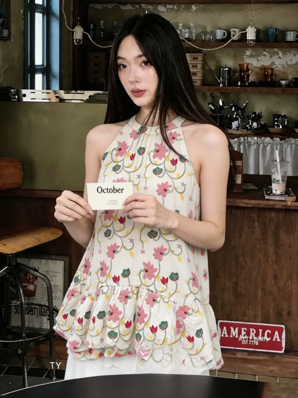 

plus Size Korean Style Gentle Floral Print Stand Collar Sleeveless Elastic Waist Shirt for Daily Commuting And Casual Wear