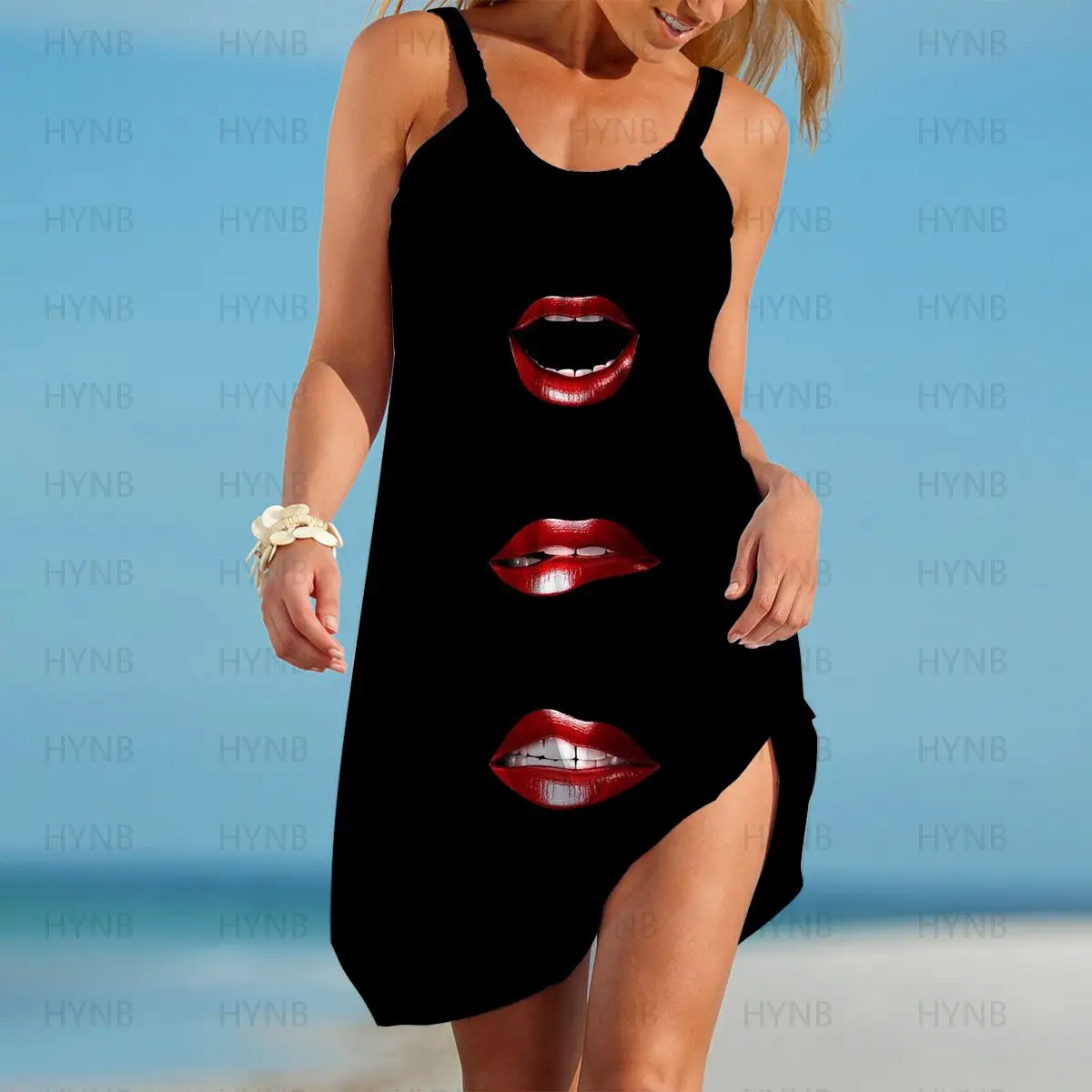 

Sweet Party Dresses Sleeveless Y2k Red Lips Chic and Elegant Woman Dress Taste Me Beach XOXO Sexy Free Shipping Boho Loose Sling