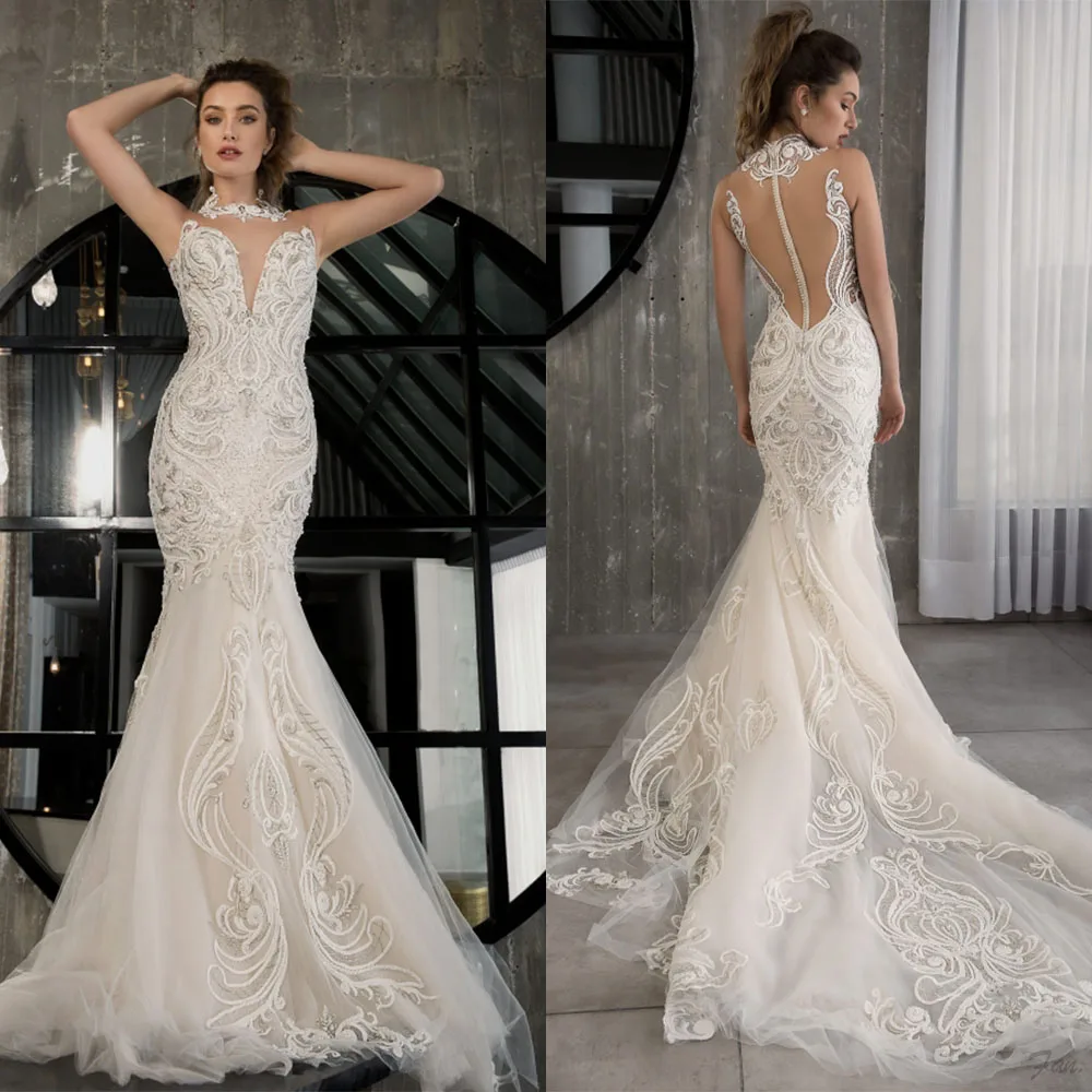 Sexy Mermaid Wedding Dresses High Neck Lace Appliques Beaded Formal Castal Bride Dress Customized Sweep Train Bridal Gowns