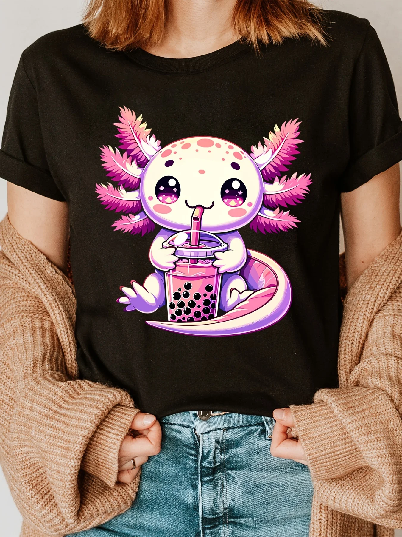 

Женская футболка с принтом Kawaii Anime Axolotl Bubble Boba Tea, женская повседневная женская футболка в стиле Харадзюку с коротким рукавом, уличная одежда
