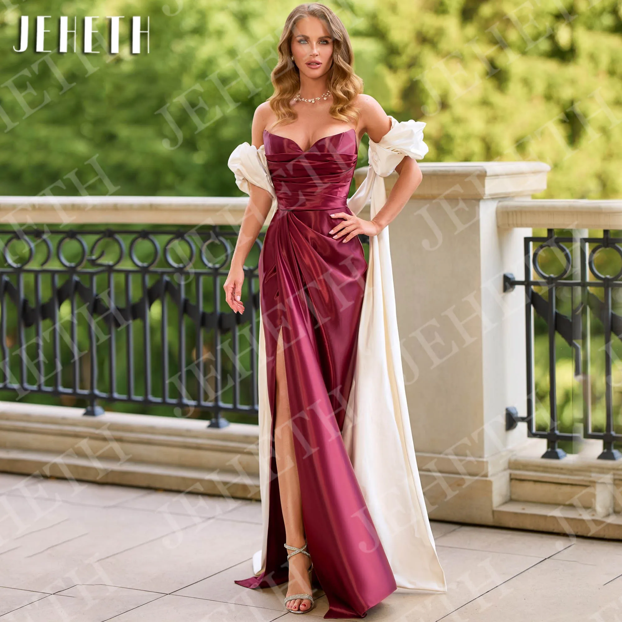 

JEHETH Mermaid Evening Dresses Strapless Customized Prom Elegant Burgundy Satin Side Slit Party Dress vestidos de gala de noche