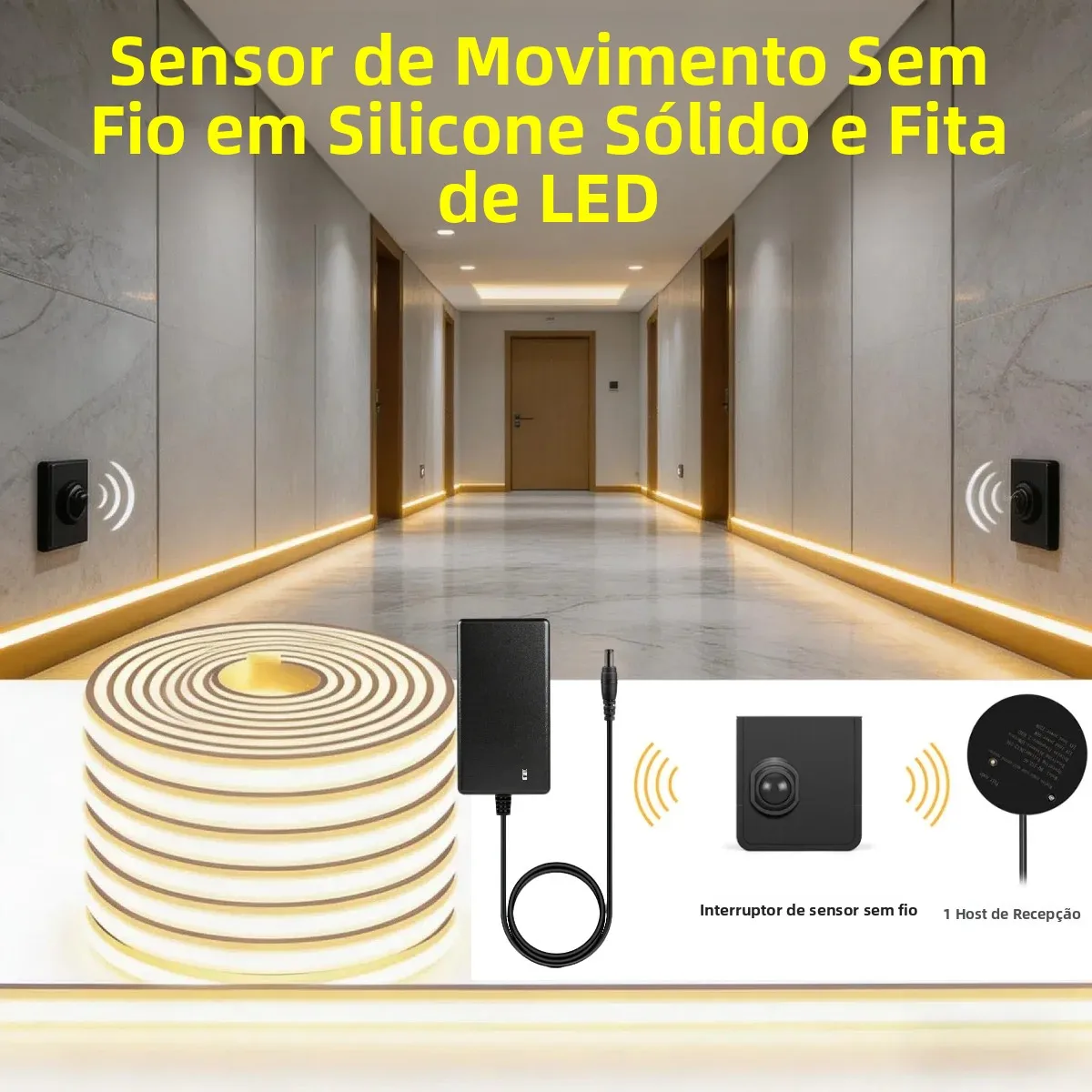 Conjunto de Fita de LED COB Neon de Silicone Sólido Cortável Sem Zona Escura com Sensor de Movimento PIR Inteligente Sem Fio para Escadas e Corredores