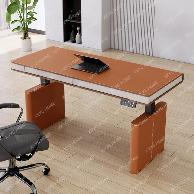 LS saddle leather double motor electric lifting table solid wood with drawers computer can lift custom desk