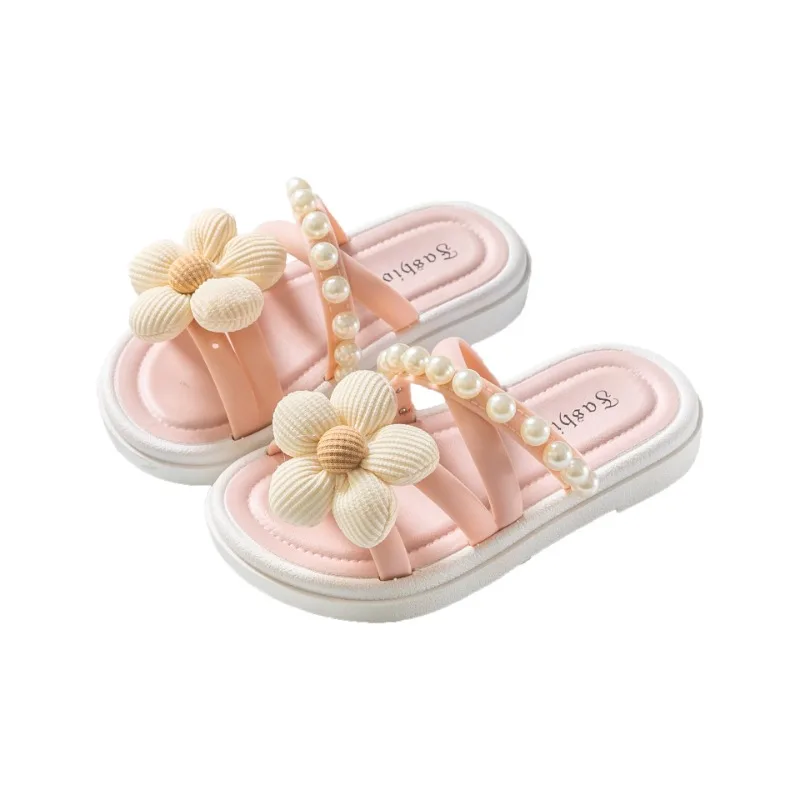 슬리퍼 Summer Girls Slippers Thick Sole Flower Kids Home Shoes Soft Sole Anti Slip Outdoor Flip Flops Cute Princess Beach Slides