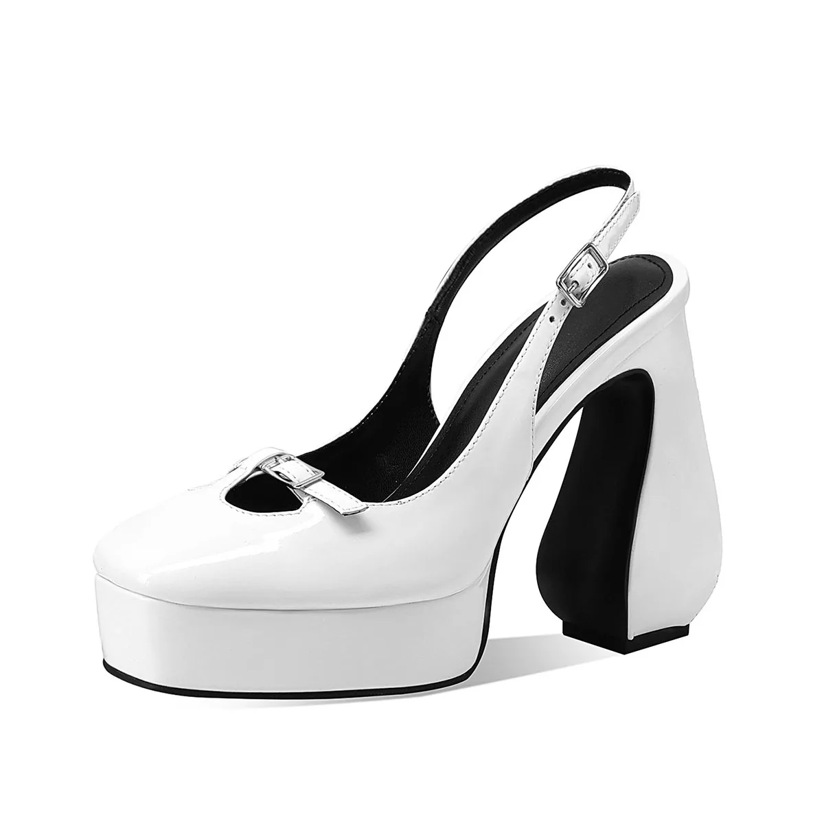 

Arden Furtado Summer Cow patent leather Platform Sandals Square toe Super high heel One word buckle Sandals Modern Sandals