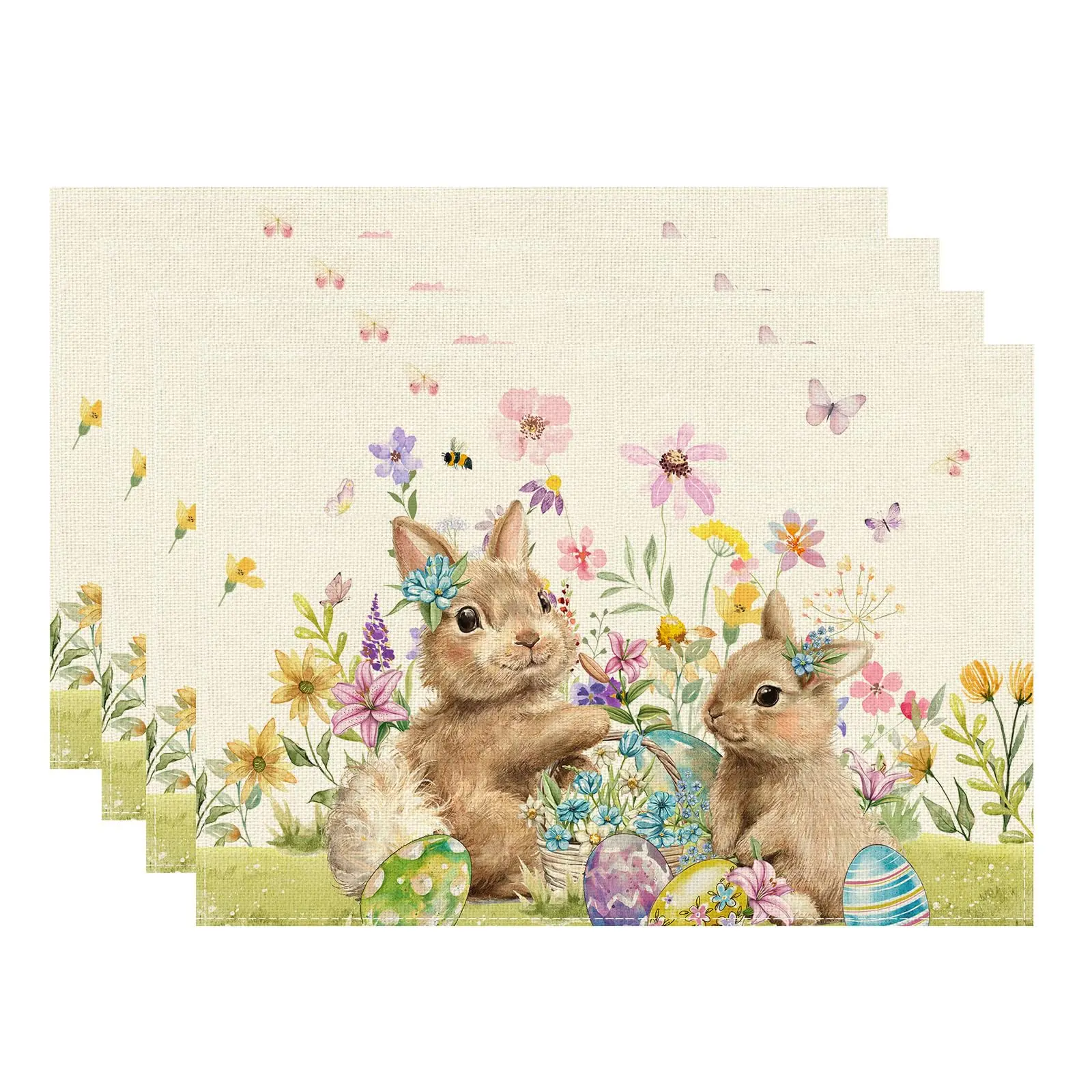 

Watercolor Bunny Flowers Eggs Rabbits Easter Table Placemats Table Decoration for Party Home Kitchen Dining Decor 12x18Inch