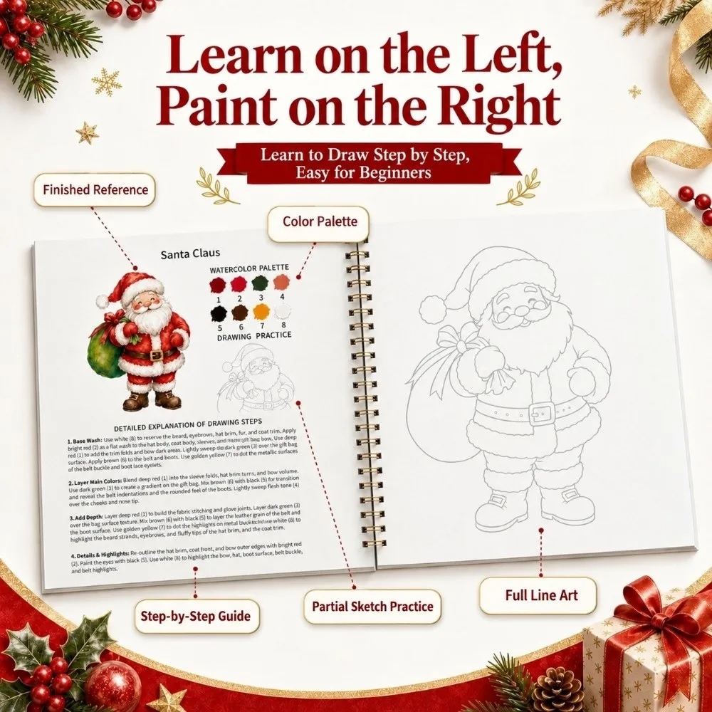 Christmas Themed Christmas Watercolor Workbook Spiral Bound Gold Foil Cover Christmas Watercolor Sketchbook with Line Drawing