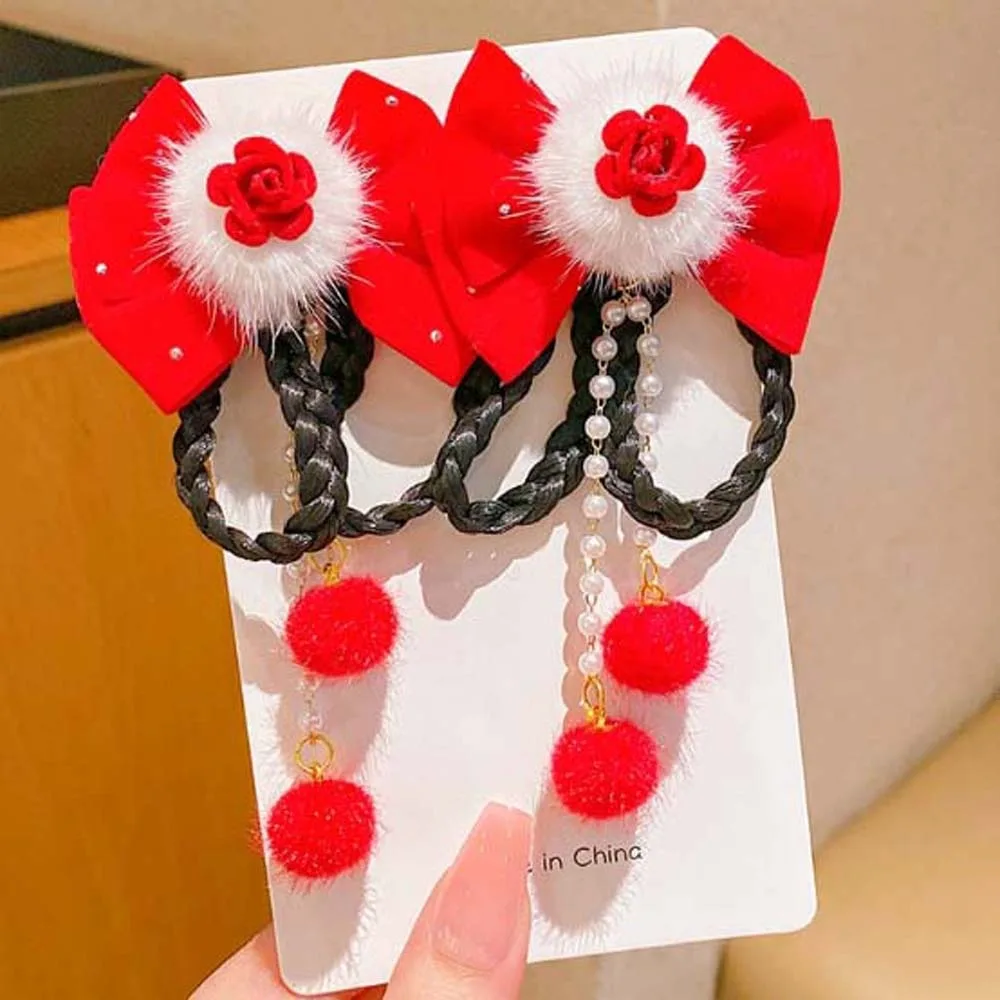 Good Luck Lion Children's Chinese Hairpin Bow Flower New Year Barrettes Plush Ball Tang Suit Embroidered Bow Headwear Kids