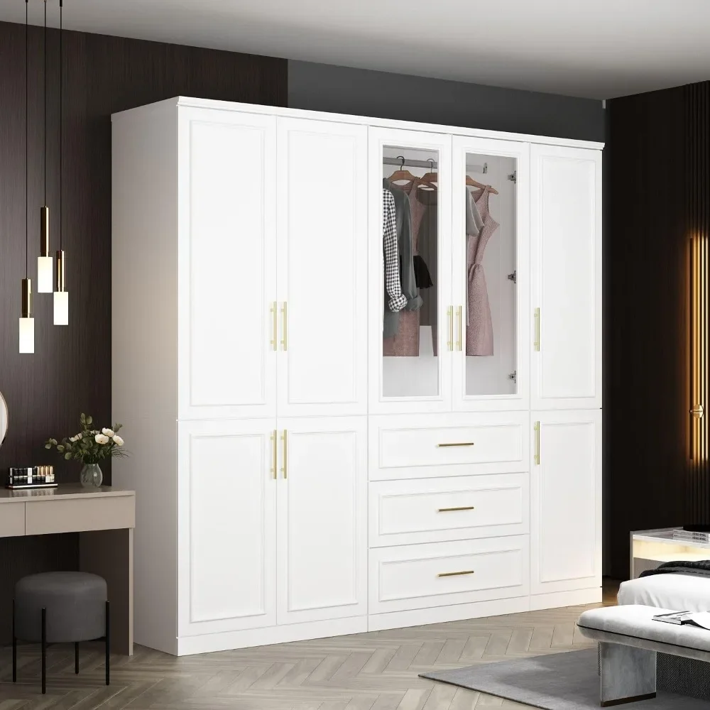 Large Armoire Wardrobe Closet Collection with Drawers & Hanging Rods, Wardrobe Armoire with Gold Metal Handles