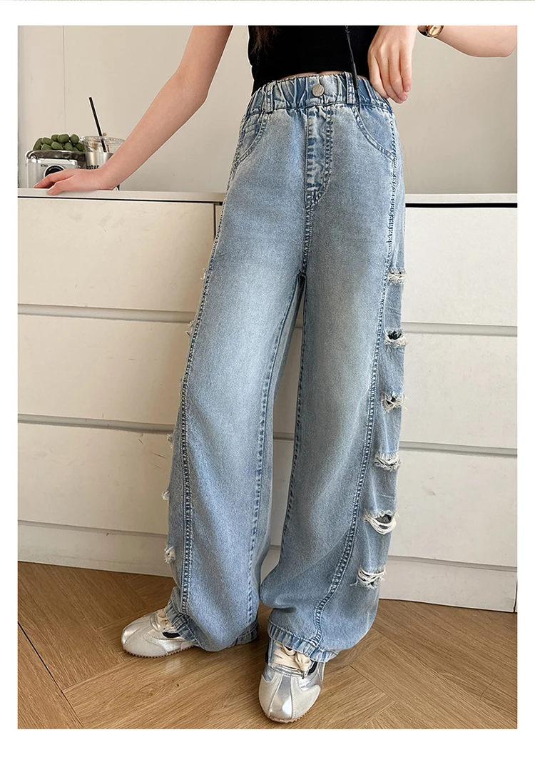 Jeans für Teenager-Mädchen mit seitlichen Löchern, lässige Mode, Sommer, Kinder, weites Bein, zerrissene Jeanshosen, Schulhosen aus Denim, 10-12 Jahre – Detail 2
