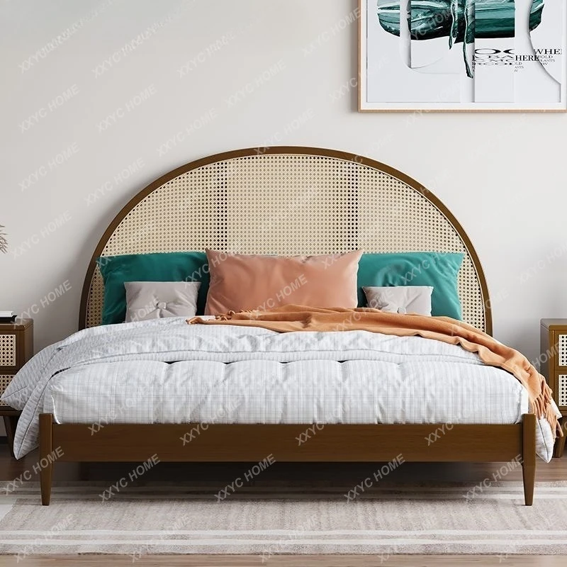 TT  solid wood rattan 1.5 meters single bed retro modern simple 1.8 meters double bed and breakfast antique