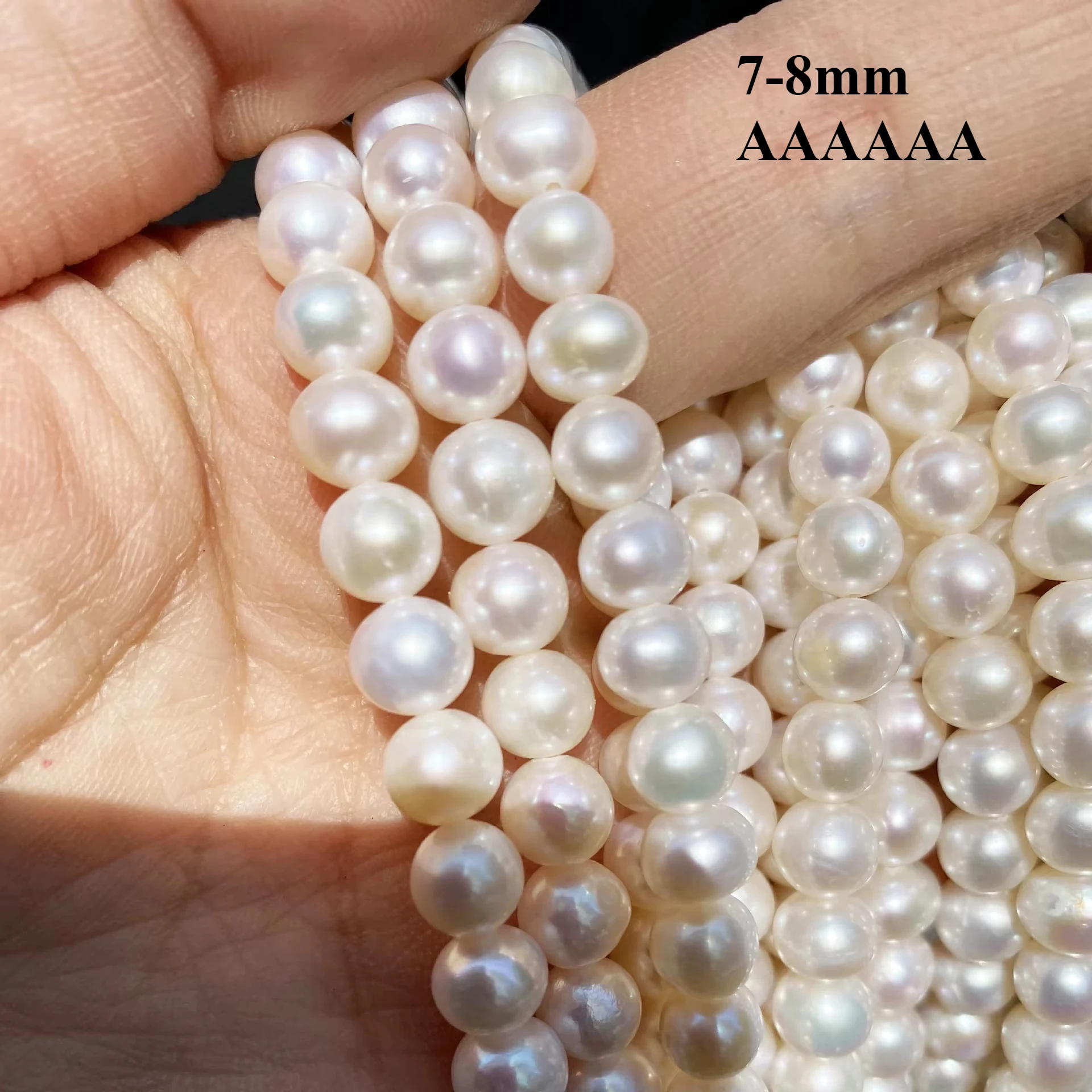 7-8mm 6A Luminous Beautiful Natural Freshwater White Round Pearl Rare Bead Gift Jewelry Make DIY Necklace Bracelet Accessories