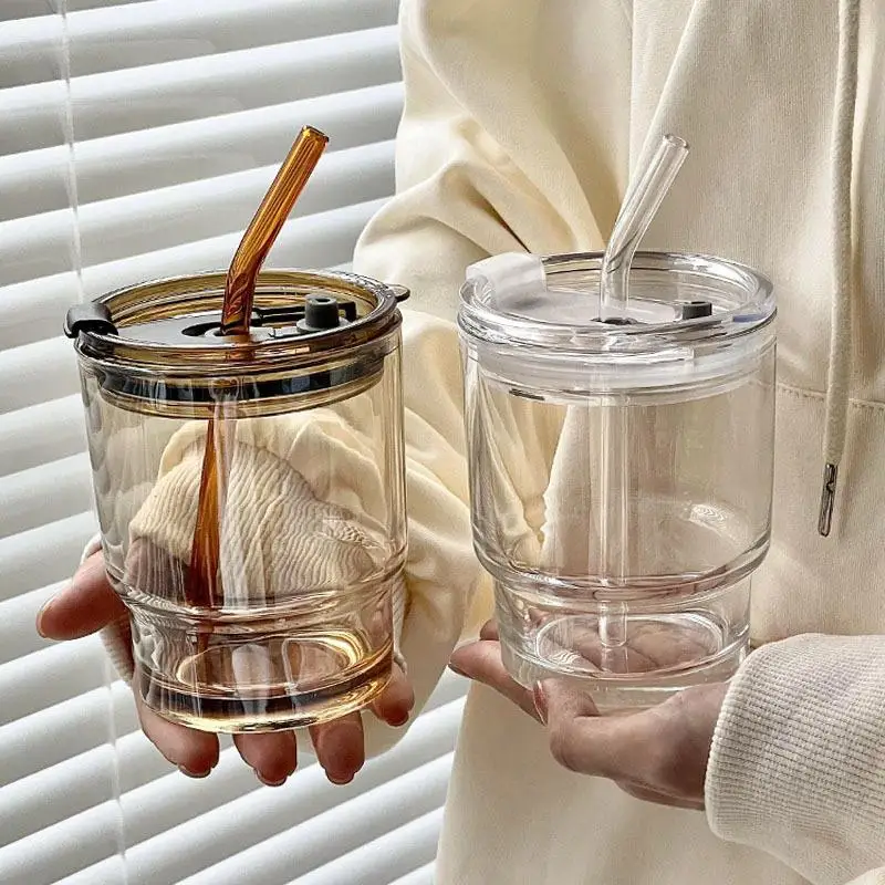 High Borosilicate Glass Cup with Straw Bamboo Node Coffee Cup Women's High Aesthetic Value Home Drinking Water Cup Juice Cup