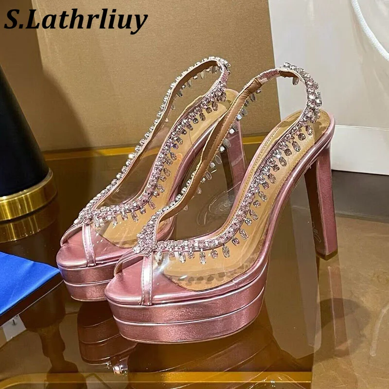 

Summer Pvc Transparent Bling Bling Crystal Decorative Sandals Women Thick Soled Thin Heel Peep Toe Sandalia Banquet Dress Shoes