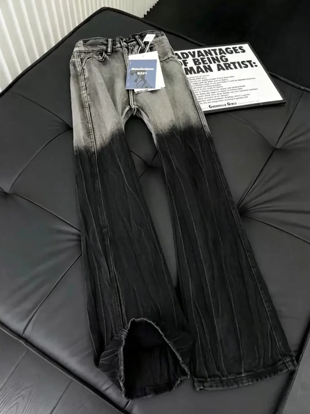 

Black Washed Gradient Denim Jeans Men's Summer Cleanfit Flared American Straight Blade Jeans mid Waist Youth Casual Wear