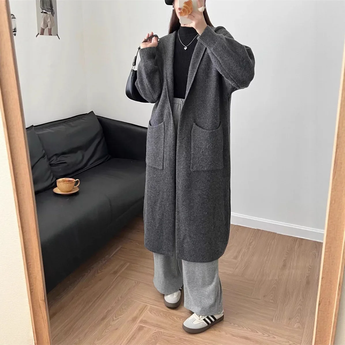 

Women's Autumn Winter Sweater Coat with Pockets Casual Style Comfortable Elegant plus Size Mid-Length Hooded Knitted Cardigan