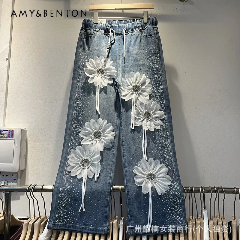 

Exquisite Heavy Industry Rhinestone 3D Flower Elastic Waist Wide Leg Jeans Trendy Versatile Casual Full Length Pants For Women