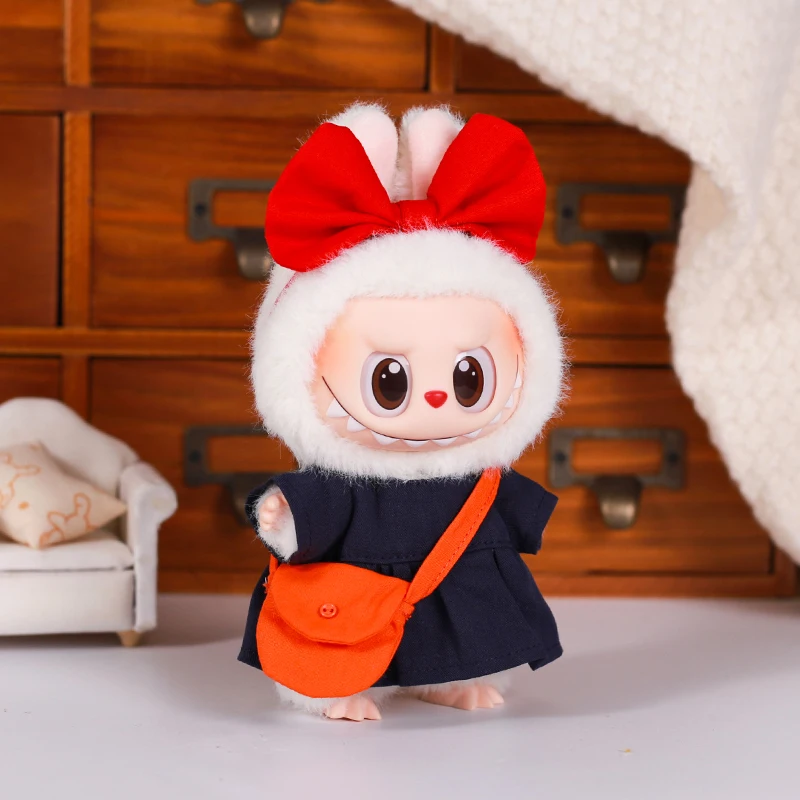 Vestiti per bambole in peluche da 17 cm per vestire le bambole di coniglio Labubu Piccola strega con fiocco Fascia per capelli/Borsa a tracolla Baby Doll Toys Abbigliamento