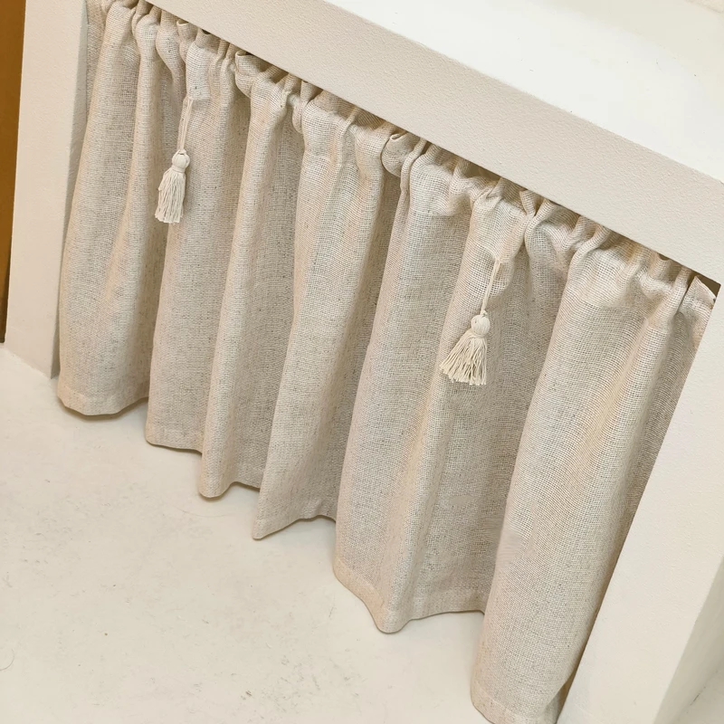 Cortinas cortas de lino y algodón hechas a mano para cocina, cortina con borlas, cenefa de ventana, niveles de cortina de cafetería para granja,
