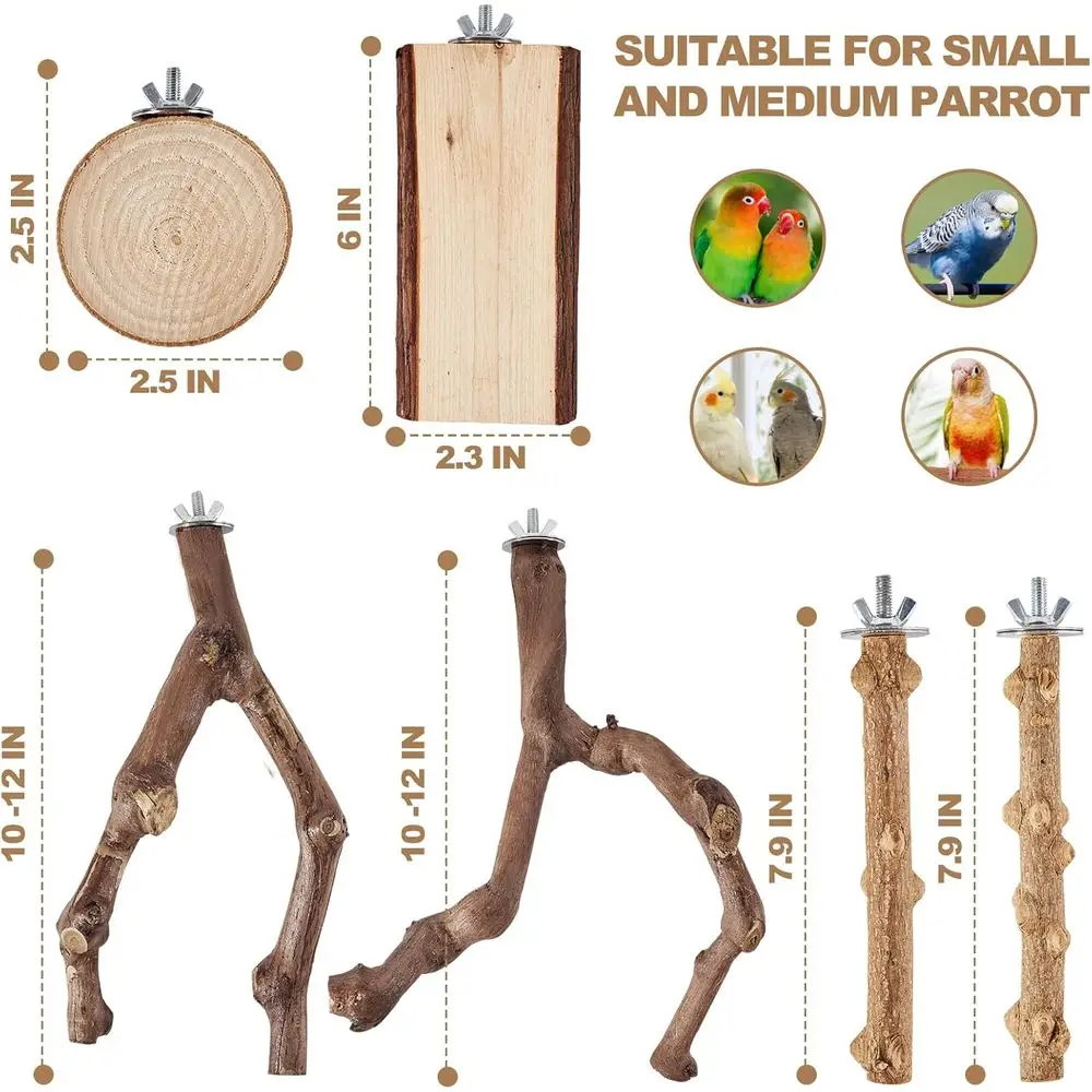 6-Piece Bird Perch Set - Natural Wood Grape Sticks, Paw Grinding, Bird Stand & Toys for Parakeets, Cockatiels, Conures, Budgies view 5