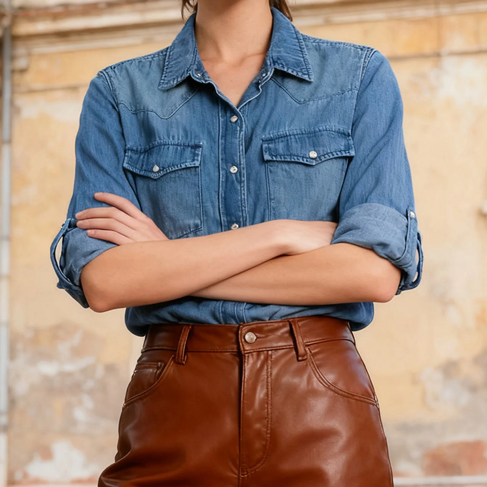 

Women Denim Shirt Long Sleeve Shirt Button-down Solid Fall Tops with Pockets for Casual Daily