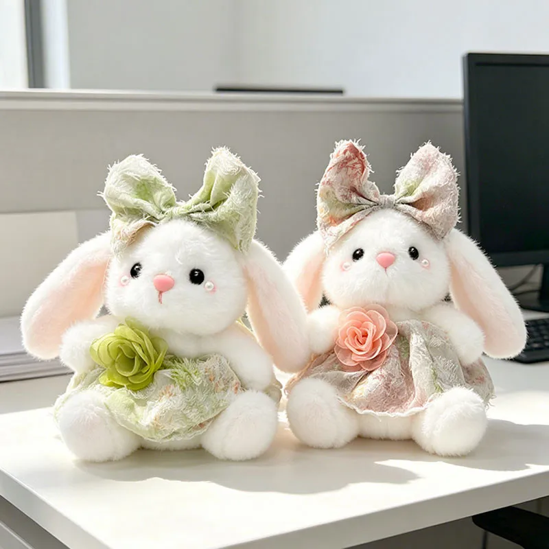 Fluffy Bunny Plush Toy White Soft Long Fur Pink Nose Black Eyes Big Bow Dress Floral Pattern Cute Stuffed Animal Doll 20cm