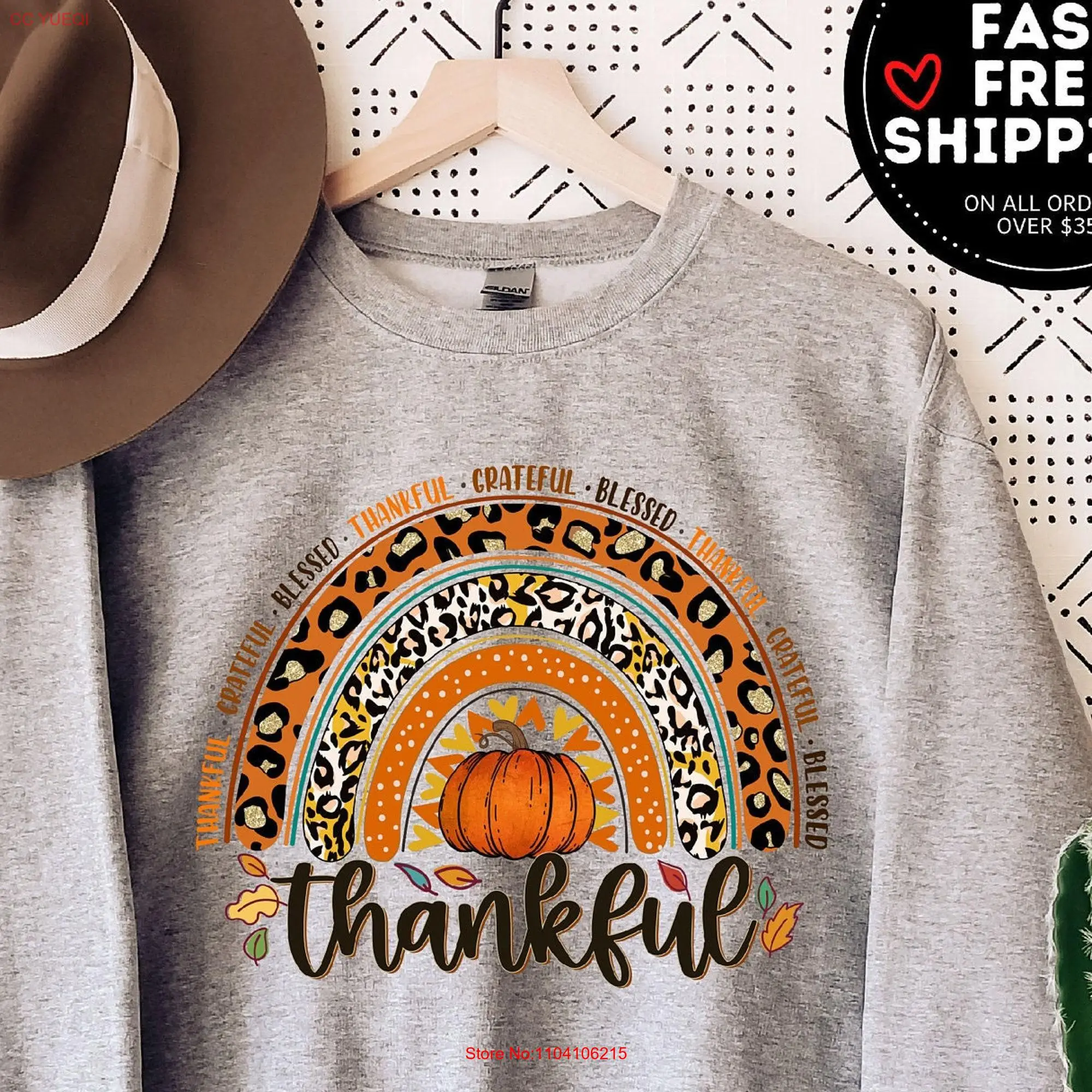 Rainbow Thankful SweaT T Shirt Thanksgiving Sweater Autumn Cute Fall Women long or short sleeves